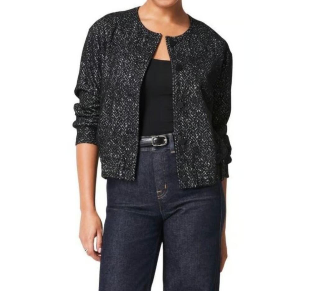 Spanx Womens L Black White Herringbone Ponte Bomber Jacket Casual Coat